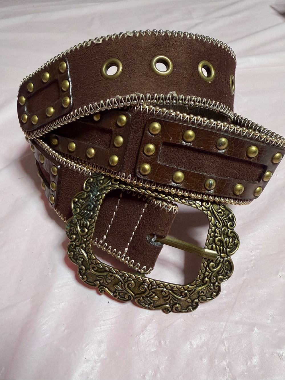 Kathy Van Zeeland Brown Studded Leather Belt with Ornate Buckle S
